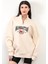 Bej Manhattan Pamuk Karışımlı Yarım Fermuar Dik Yaka Kadın Oversize Sweatshirt - 9012 3