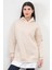 Kadın Oversize Kapüşonlu Sweatshirt Eteği T-Shirt Katman Detaylı Ribanalı Bej Hoodie - 2520 3