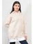 Kadın Oversize Kapüşonlu Sweatshirt Eteği T-Shirt Katman Detaylı Ribanalı Bej Hoodie - 2520 6