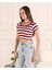 Kadın Bisiklet Yaka Kırmızı Çizgili Basic Crop T-Shirt 1