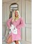 Pembe Kapşonlu ve Cepli Polar Peluş Kadın Sabahlık 4