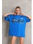 Bisiklet Yaka Baskılı Oversize T-Shirt - Mavi 2