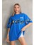 Bisiklet Yaka Baskılı Oversize T-Shirt - Mavi 4
