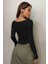 Merry See Kayık Yaka Örme Uzun Kollu Crop Top Bluz Siyah 2