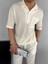 Erkek Oversize Önü Cepli Desenli Yarım Pat Küba Yaka T-Shirt Ekru 2