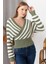 Kadın Haki V Yaka Çizgili Uzun Kollu Kazak 1