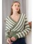 Kadın Haki V Yaka Çizgili Uzun Kollu Kazak 2