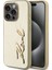 Apple iPhone 15 Pro Max Kılıf Lisanslı 3D Kl Yazılı Tüylü Yüzey Saffiano Rhinestones Gold 1