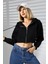 Kapüşonlu Şardonlu Fermuarlı Crop Geniş Kalıp Sweatshirt 21652 Siyah 1