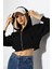 Kapüşonlu Şardonlu Fermuarlı Crop Geniş Kalıp Sweatshirt 21652 Siyah 2