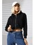 Kapüşonlu Şardonlu Fermuarlı Crop Geniş Kalıp Sweatshirt 21652 Siyah 3
