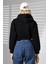 Kapüşonlu Şardonlu Fermuarlı Crop Geniş Kalıp Sweatshirt 21652 Siyah 4