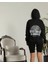 Unisex Sırt Baskılı Kapüşonlu Üç Iplik Oversize Sweatshirt - Siyah 2