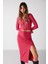 Agneska Kadın Triko Görünümlü Esnek Kumaşlı Çapraz Bağlamalı V Yaka Uzun Kol Crop Fuşya Bluz 3