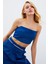 Taş Askılı Saten Crop Bluz - Mavi 3
