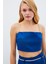 Taş Askılı Saten Crop Bluz - Mavi 5