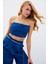 Taş Askılı Saten Crop Bluz - Mavi 1