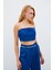 Taş Askılı Saten Crop Bluz - Mavi 2