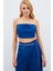 Taş Askılı Saten Crop Bluz - Mavi 4