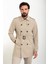 Düz Bej Slim Fit Kemerli Kruvaze Erkek Trenchcoat 1