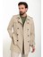 Düz Bej Slim Fit Kemerli Kruvaze Erkek Trenchcoat 3