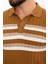 Çizgili Kamel Slim Fit Polo Yaka Erkek Triko T-Shirt 2
