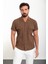 Düz Kahverengi Slim Fit Apaç Yaka Kısa Kollu Keten Erkek Gömlek 1