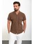 Düz Kahverengi Slim Fit Apaç Yaka Kısa Kollu Keten Erkek Gömlek 3