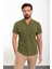 Düz Haki Slim Fit Apaç Yaka Kısa Kollu Keten Erkek Gömlek 1