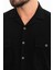 Düz Siyah Slim Fit Apaç Yaka Kısa Kollu Keten Erkek Gömlek 2