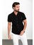 Düz Siyah Slim Fit Apaç Yaka Kısa Kollu Keten Erkek Gömlek 3