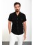 Düz Siyah Slim Fit Apaç Yaka Kısa Kollu Keten Erkek Gömlek 1