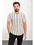 Çizgili Haki Slim Fit Apaç Yaka Kısa Kollu Erkek Gömlek 1