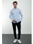 Düz Mavi Slim Fit Keten Erkek Gömlek 3