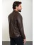 Düz Kahverengi Slim Fit Gömlek Yaka Suni Deri Erkek Mont 5