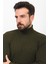 Çizgili Haki Rengi Slim Fit Yarım Balıkçı Yaka Yün Erkek Kazak 2