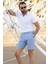Çizgili Saks Rengi Super Slim Fit Keten Erkek Şort 1