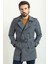 Düz Antrasit Rengi Slim Fit Kruvaze Kemerli Erkek Trenchcoat 1