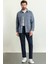 Düz Indigo Rengi Slim Fit Torba Cep Gömlek Yaka Kemerli Keten Erkek Trenchcoat 3