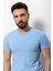 Düz Mavi Renk Super Slim Fit V Yaka Basic Erkek T-Shirt 4