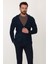 Kırçıllı Lacivert Turkuaz Slim Fit Yün Erkek Triko Ceket 4