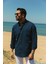 Düz Lacivert Renk Slim Fit Basic Keten Erkek Gömlek 1