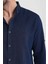 Düz Lacivert Renk Slim Fit Basic Keten Erkek Gömlek 3