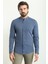 Düz Indigo Rengi Slim Fit Hakim Yaka Basic Keten Erkek Gömlek 1