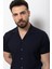 Duz Lacivert Renk Slim Fit Apaç Yaka Kısa Kollu Erkek Gömlek 5