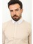 Çizgili Bej Rengi Slim Fit Bebe Yaka Klasik Erkek Gömlek 2