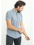 Kırçıllı Açık Lacivert Slim Fit Hakim Yaka Kısa Kollu Keten Erkek Gömlek 1