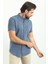 Kırçıllı Koyu Lacivert Slim Fit Hakim Yaka Kısa Kollu Keten Erkek Gömlek 1