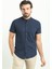 Kırçıllı Lacivert Renk Slim Fit Hakim Yaka Kısa Kollu Keten Erkek Gömlek 3