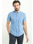 Kırçıllı Saks Rengi Slim Fit Hakim Yaka Kısa Kollu Keten Erkek Gömlek 3